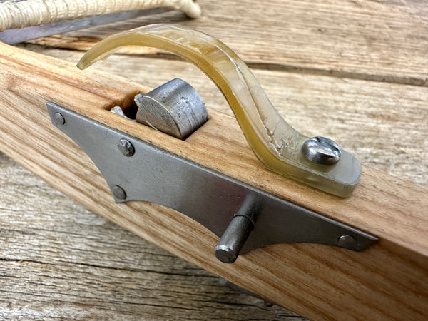 Tod's Workshop 15thC medieval 'Munition' Crossbow with bow irons.  HALF SIZE! with goats foot lever and 3 mini feather-fletched bolts. close-up of trigger.