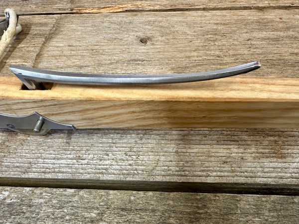 Tod's Workshop 15thC medieval 'Munition' Crossbow with bow irons.  HALF SIZE! with goats foot lever and 3 mini feather-fletched bolts.  close-up of trigger.