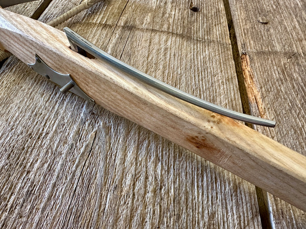 mini 15th century medieval crossbow with lashed bow.  view of trigger mechanism