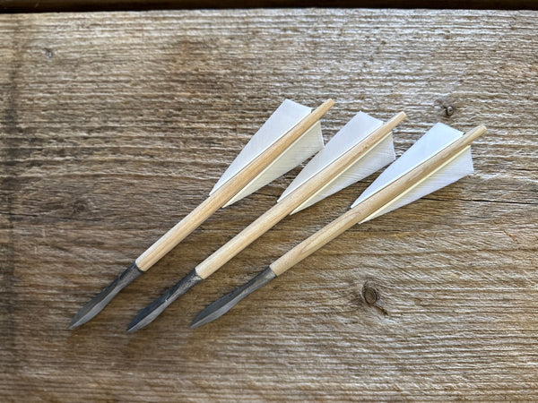 3 mini feather-fletched bolts with modern tips to be used with the mini 15th century medieval crossbow with lashed bow, goats foot lever