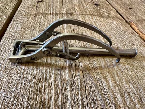 close-up view of closed mini goats foot lever to be used with the mini 15th century medieval crossbow with lashed bow